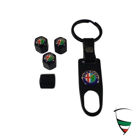 SET OF VALVE CAPS METAL BLACK HEXAGON 11MM WITH KEYCHAIN ALFA ROMEO EMBLEM COLORED