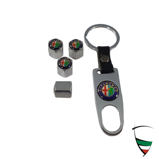 Juego de tapones de válvula de metal cromado hexagonal de 11 mm con llavero emblema Alfa Romeo de color