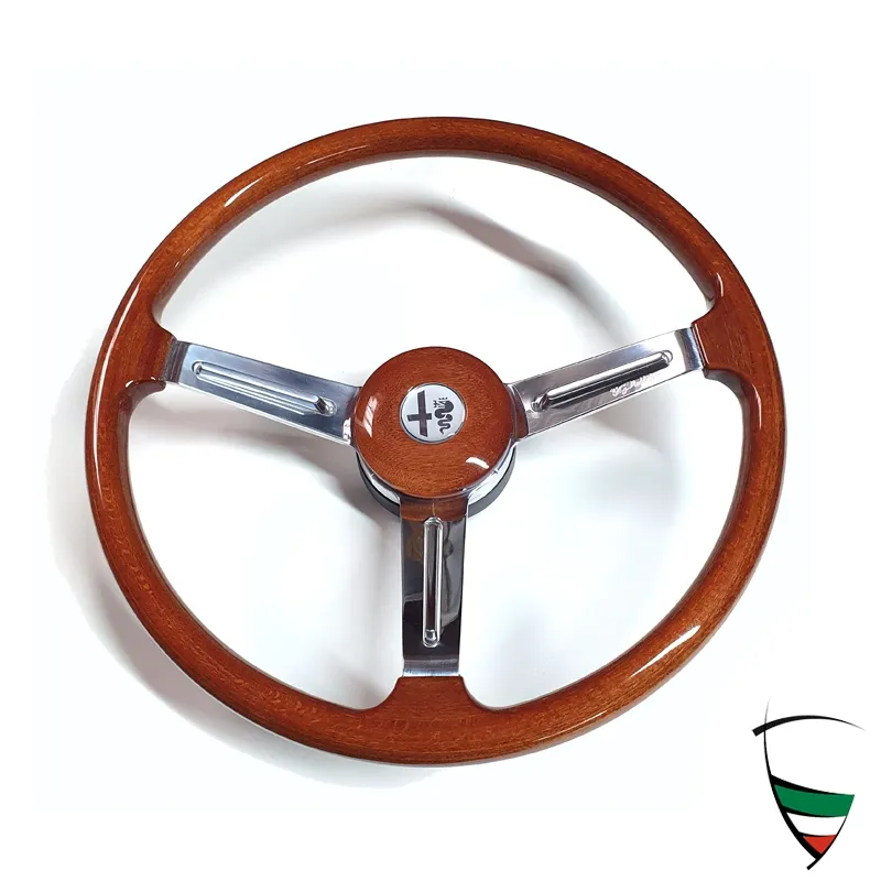 WOOD STEERING WHEEL ALFA ROMEO 1.SERIES 1300-1750cc,SILVER EMBLEM,FLAT TYPE 380mm
