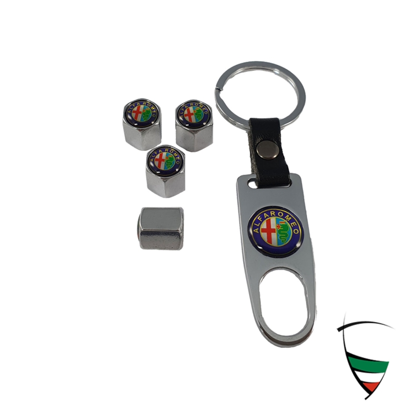 Set de capuchons de valve en métal chromé hexagonal 11mm avec porte-clés emblème Alfa Romeo coloré