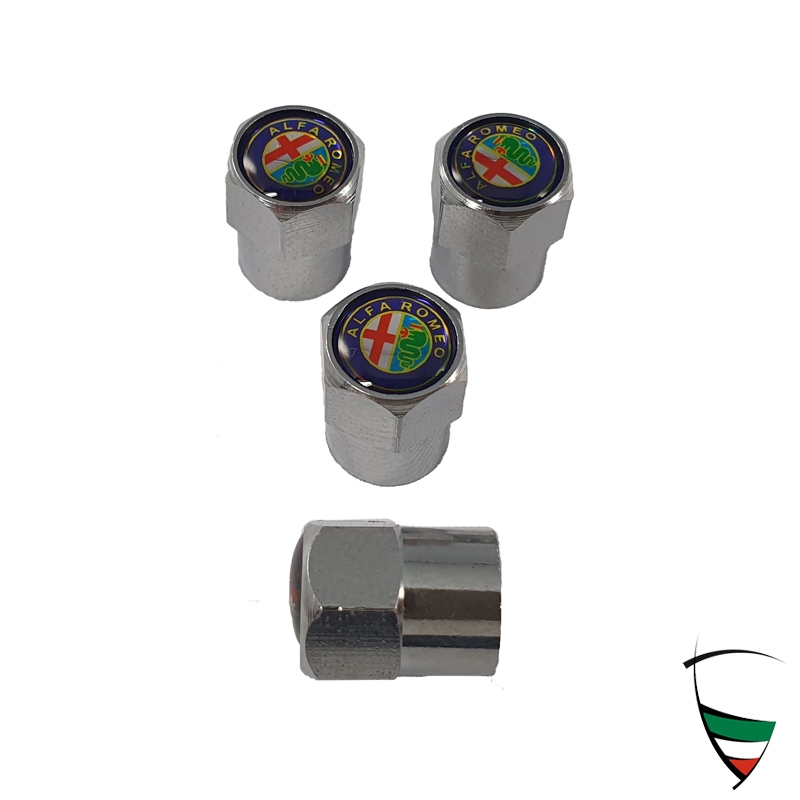 VALVE CAP SET METAL CHROME HEXAGON 9mm ALFA ROMEO EMBLEM COLORED