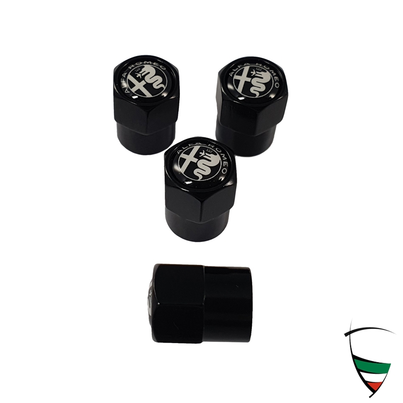 Set de capuchones de válvula metal negro hexagonal Emblema Alfa Romeo negro/blanco