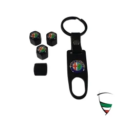 Set di tappi valvola in metallo nero esagono 11mm con anello portachiavi emblema Alfa Romeo colorato