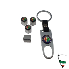 Satz Ventilkappen Metall Chrom 6-Kant 11mm mit Schlüsselanhänger Alfa Romeo Emblem farbig