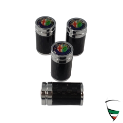 Satz Ventilkappen Metall Carbon/Chrom zylindrisch Alfa Romeo Emblem farbig